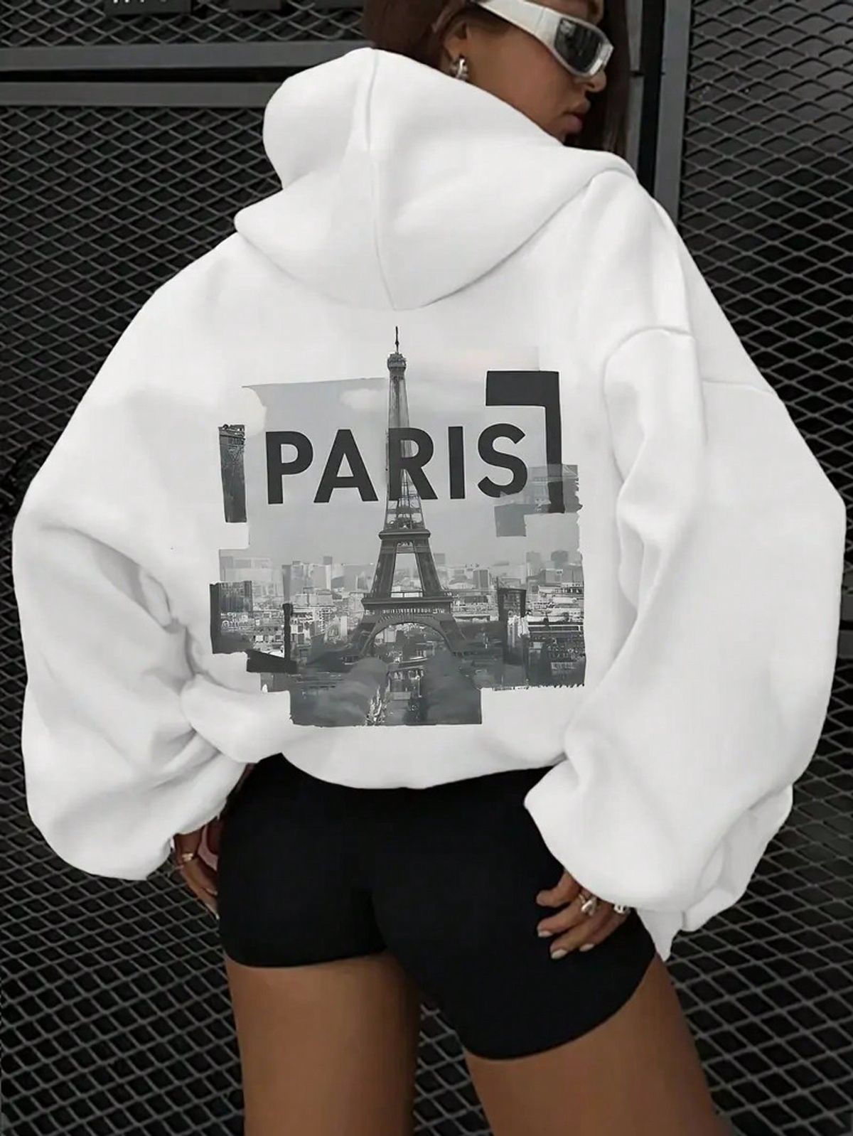 Chic Women's Hoodie With Letter & Architectural Print - Casual Long Sleeve, Drawstring Pullover For Fall/Winter