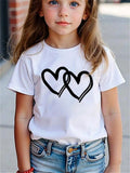 Girls Heart Print Round Neck Short Sleeve T-Shirt, Children Casual Tops