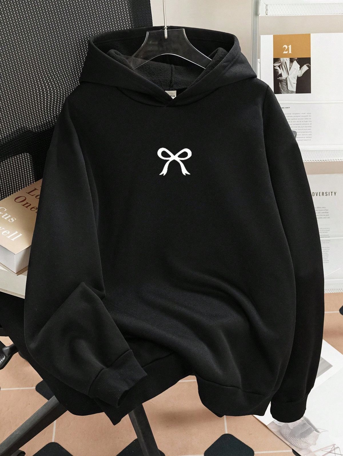 Teen Girl Casual Minimalist Fashion Bow Decor Hoodie Sweatshirt, Comfortable Autumn/Winter