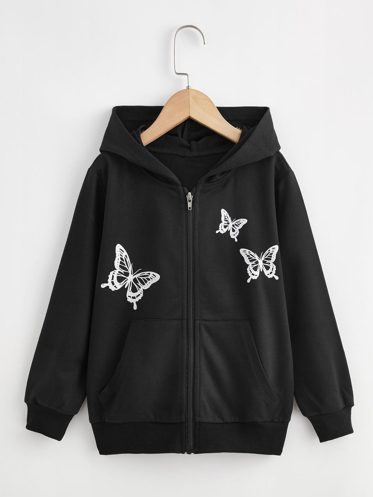 Butterfly print zip-up hoodie oversized