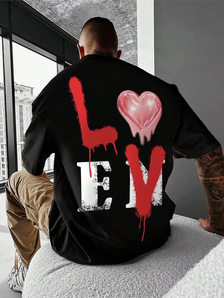 Men's Summer Young Street "LOVE" And "Lone" Combination Oversized Graphic Loose Fit Short Sleeve Black T-Shirt ,Summer T Shirts ,Oversized Graphic T Shirt ,Graphic Men T Shirt