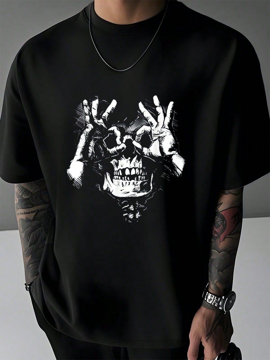 Skull With Ok Pattern Graphic T-Shirt Cotton Summer T-Shirt Men's Short Sleeve Tops