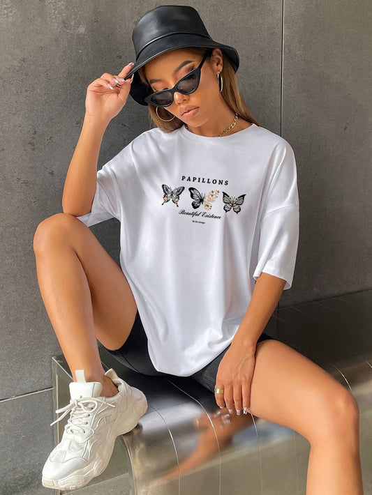 Letters and Butterfly Women Oversized Tshirts