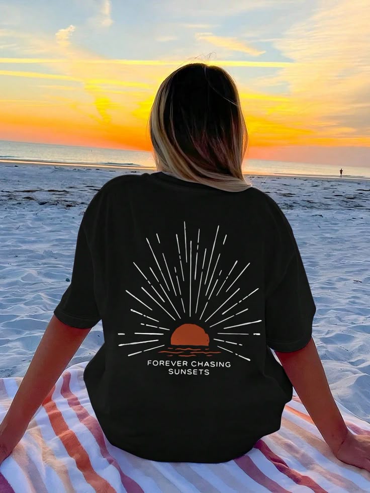 Sunset Chasing Forever, Oversized Comfort Colored Women's Graphic T-Shirt, Bohemian Style Village Shirt, Ocean Blouse