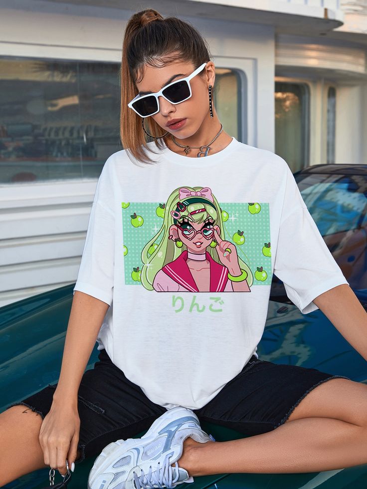 Japanese Letter & Figure Graphic Drop Shoulder Tee