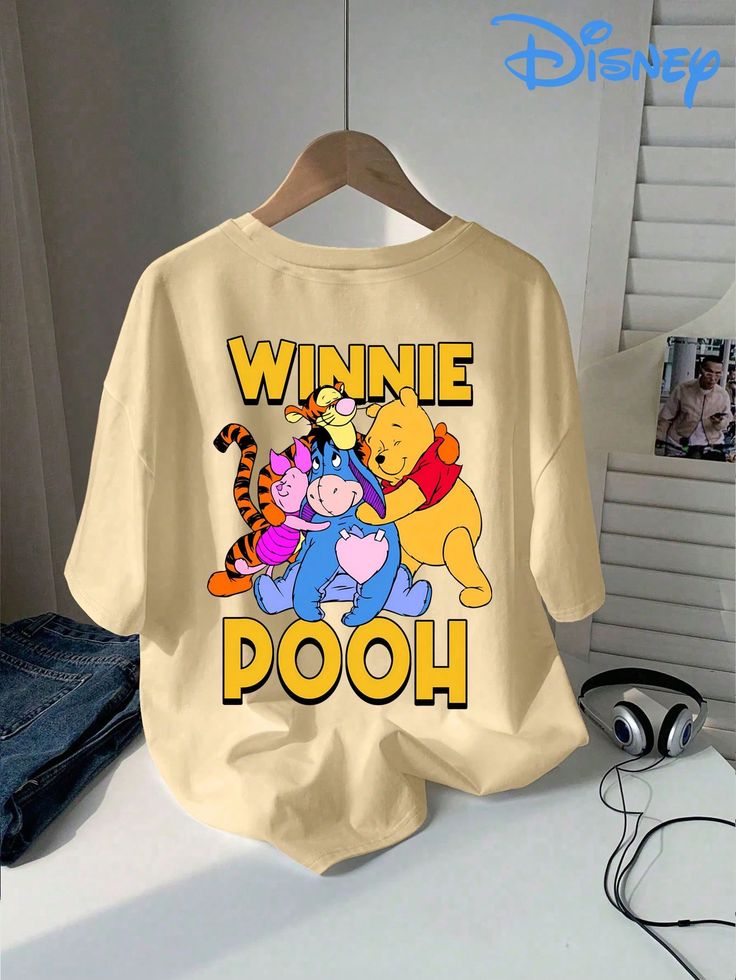 Spring/Summer Ladies Printed Apricot Graphic Tees, Winnie The Pooh With Friends Casual Disney Alphabet Slogan Printed Girls T-Shirt
