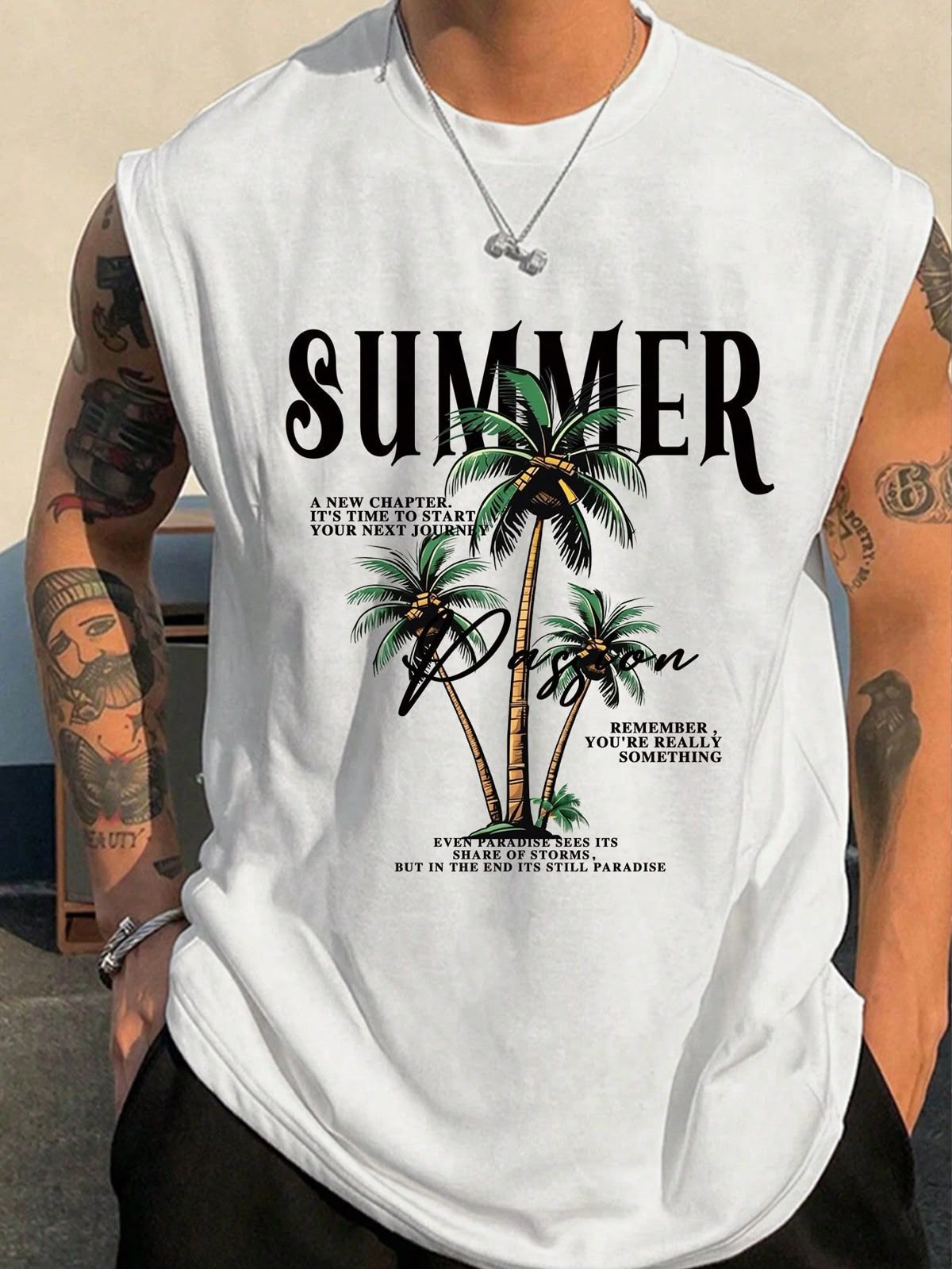 Men's Plus Size Letter And Tropical Plant Pattern Round-Neck Simple Sports Outdoor Tank Top