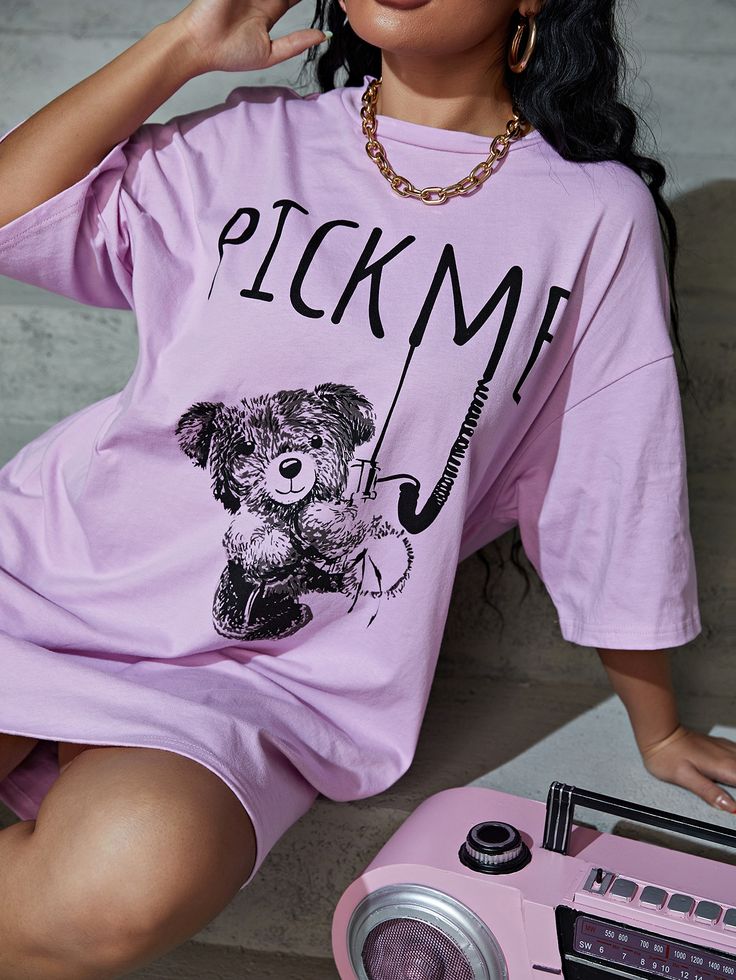 Bear & Letter Graphic Drop Shoulder Tee