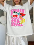 Women's Summer Fruit & Letter Print White Crew Neck T-Shirt