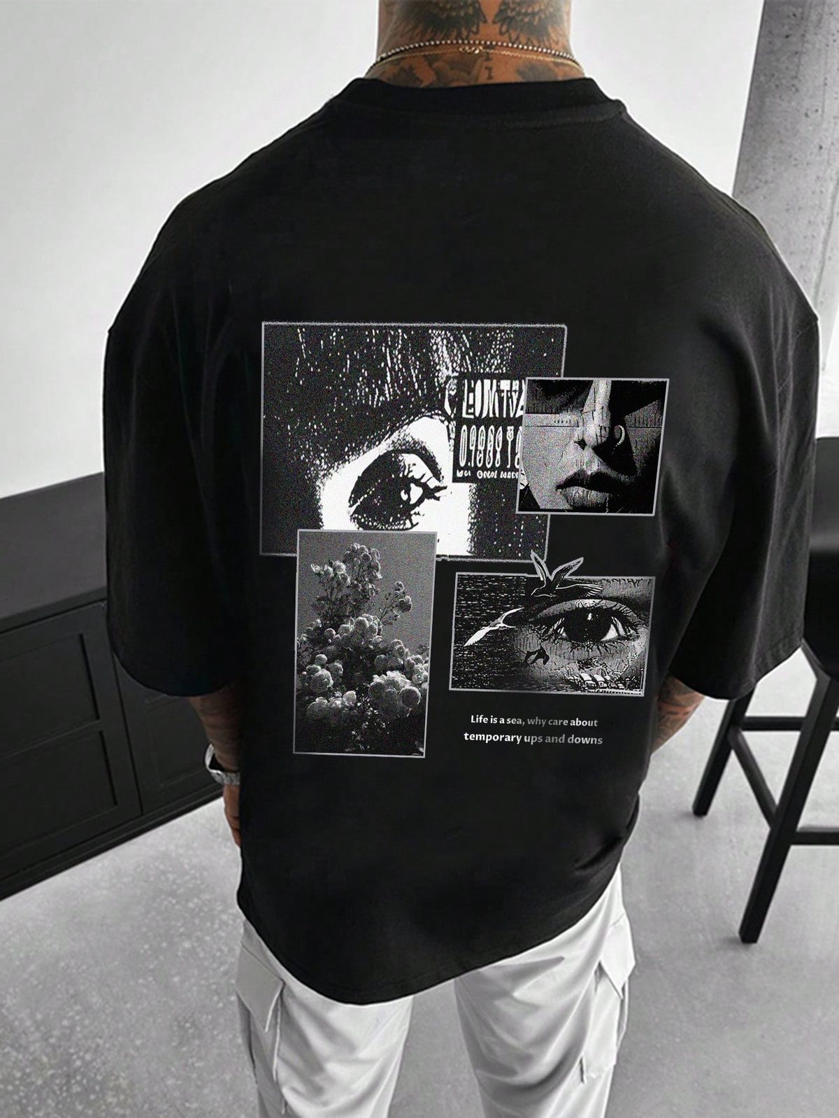 Men's Drop Shoulder T-Shirt With Character And Slogan Prints
