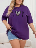 Women's Plus Size Heart & Leopard Printed Round Neck Drop Shoulder Sleeve T-Shirt