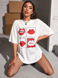Lip Print Drop Shoulder Oversized Longline Tee