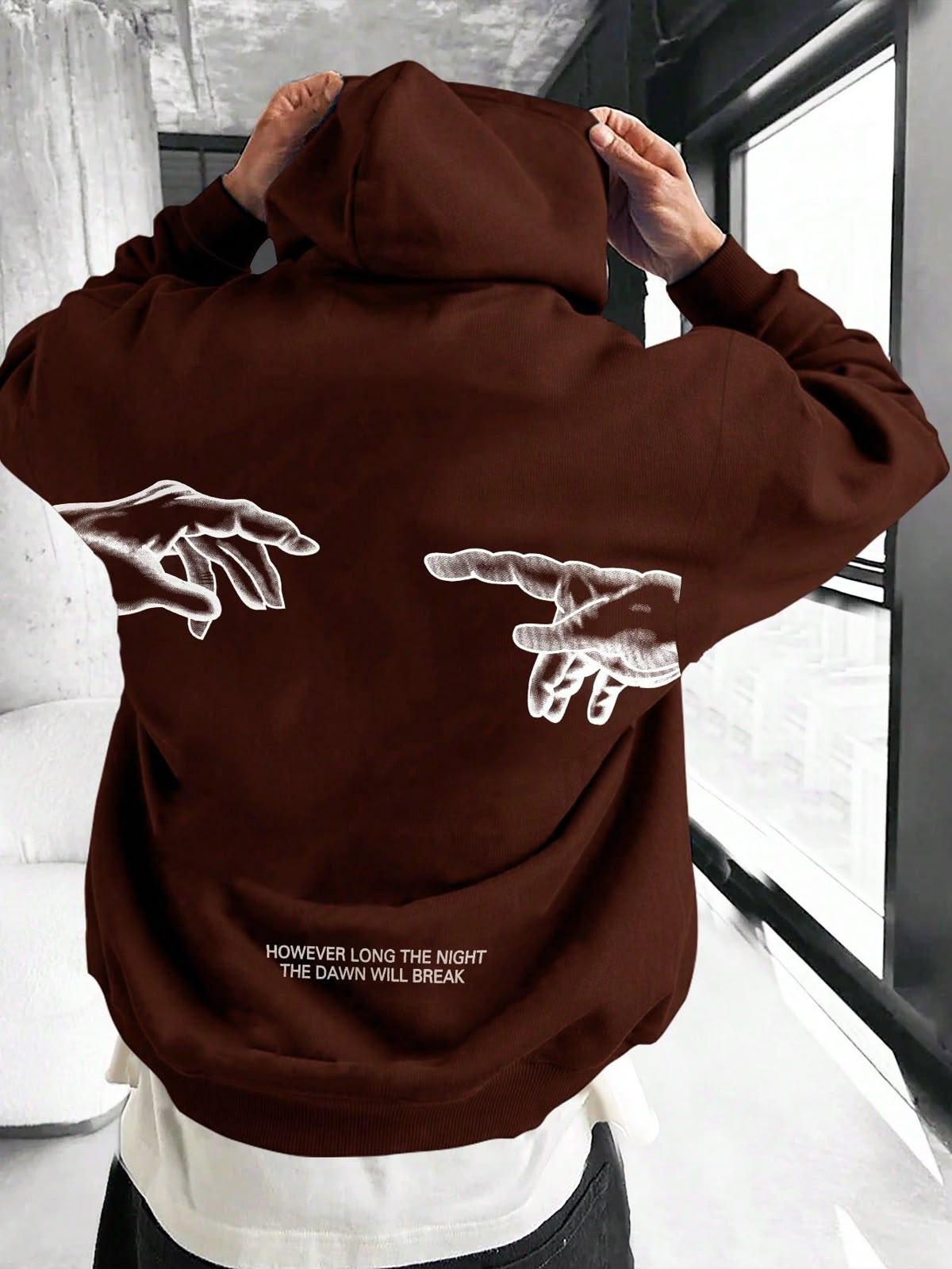 Loose Fit Men's Gesture Print Drawstring Hoodie Sweatshirt, Spring & Autumn
