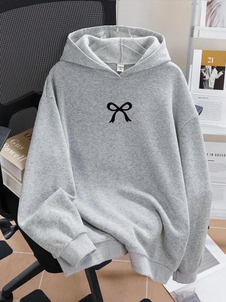Teen Girl Casual Minimalist Fashion Bow Decor Hoodie Sweatshirt, Comfortable Autumn/Winter