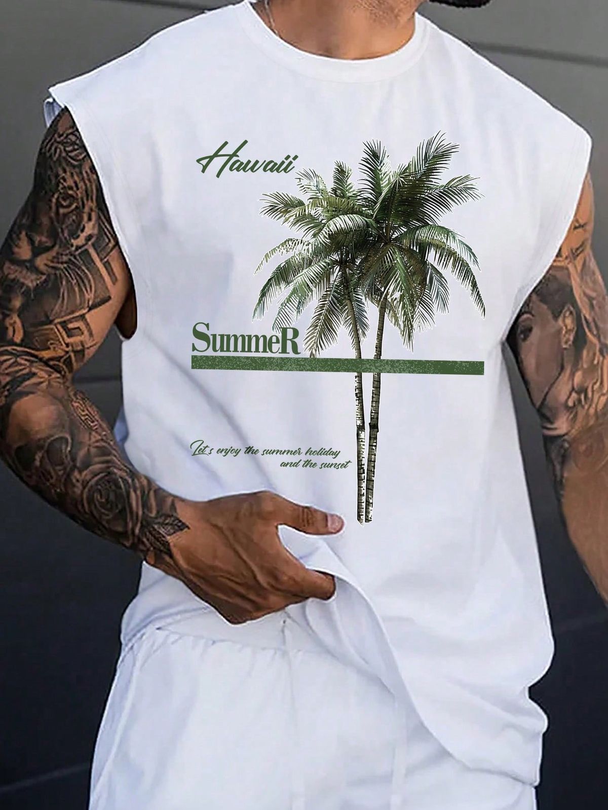 Men's Loose Fit Casual Vest With Palm Tree Slogan Print, Summer