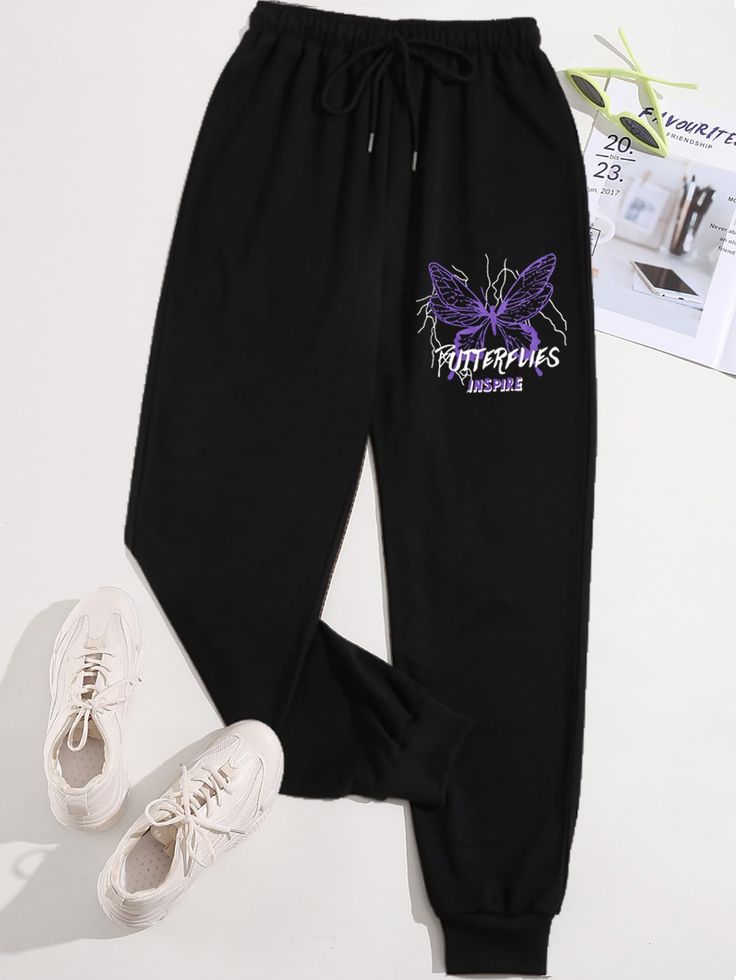 Butterfly And Letter Graphic Sweatpants