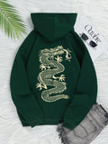 Chinese Dragon Graphic Kangaroo Pocket Thermal Lined Drawstring Hoodie
