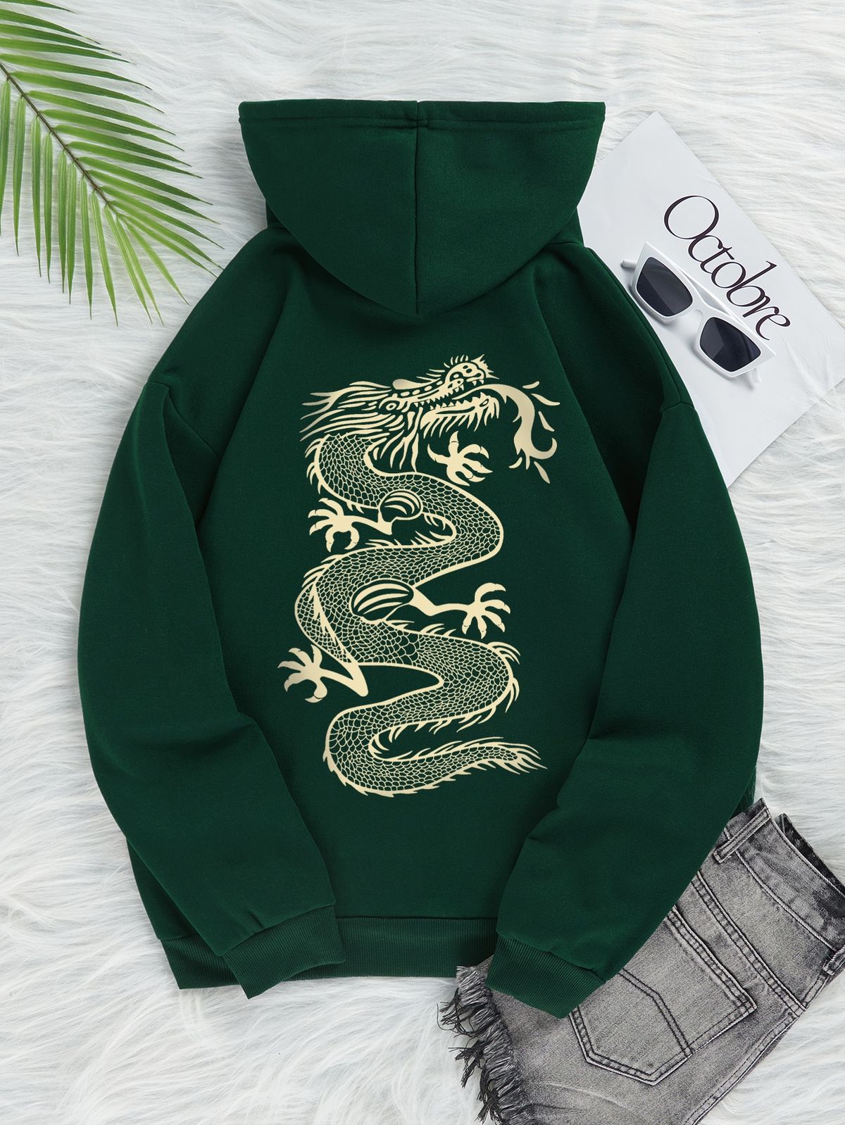 Chinese Dragon Graphic Kangaroo Pocket Thermal Lined Drawstring Hoodie