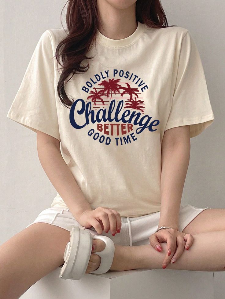 Women's Round Neck Letter Print Short Sleeve T-Shirt, Summer