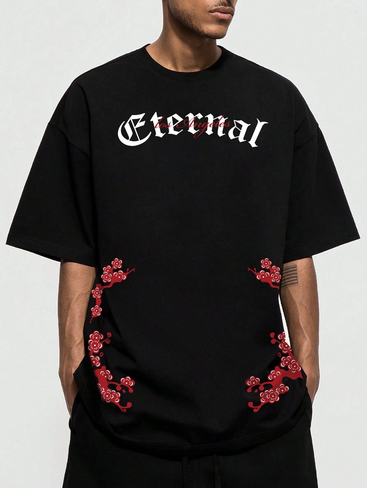 Men's Flower & Letter Pattern Casual Short Sleeve T-shirt