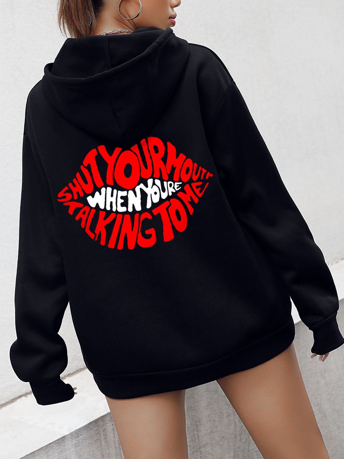 Lip & Slogan Graphic Drop Shoulder Drawstring Thermal Hoodie