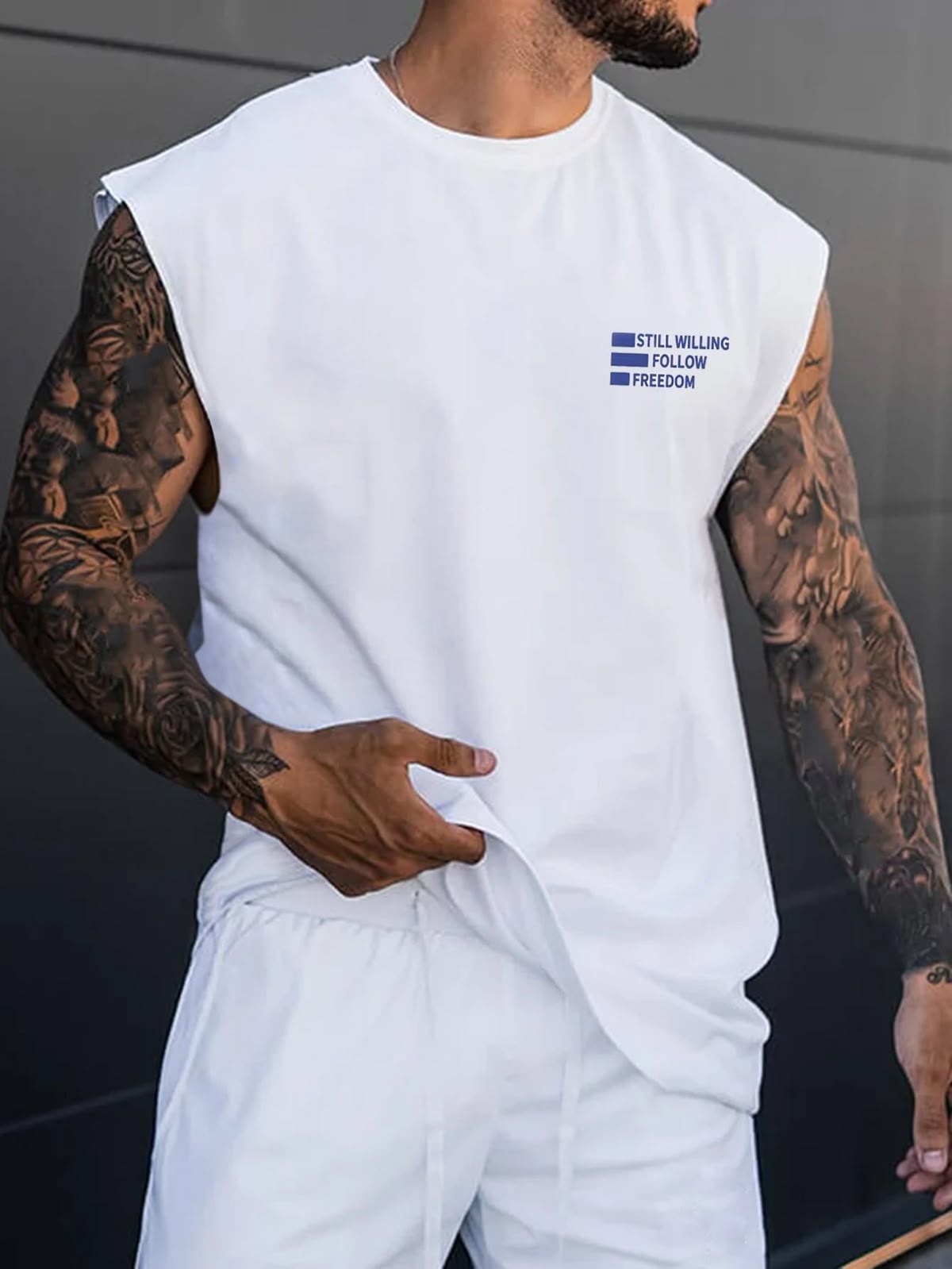 White Oversized Men's Letter Print Casual Tank Top With Round Neck