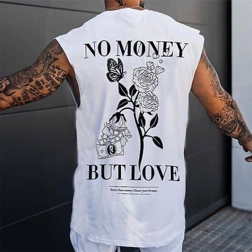 White Oversized Men's Letter Print Casual Tank Top With Round Neck