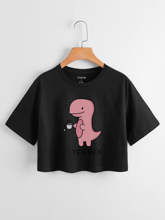Dinosaur & Letter Graphic Crop Tee Oversized