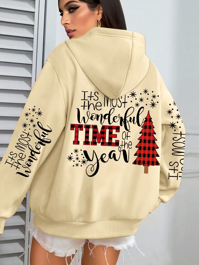 Creative Christmas Time Tree Printed Women Hoody All-Match Autumn Hoodies Casual Loose Pullover