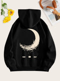 Moon & Letter Graphic Kangaroo Pocket Drawstring Thermal Lined Hoodie