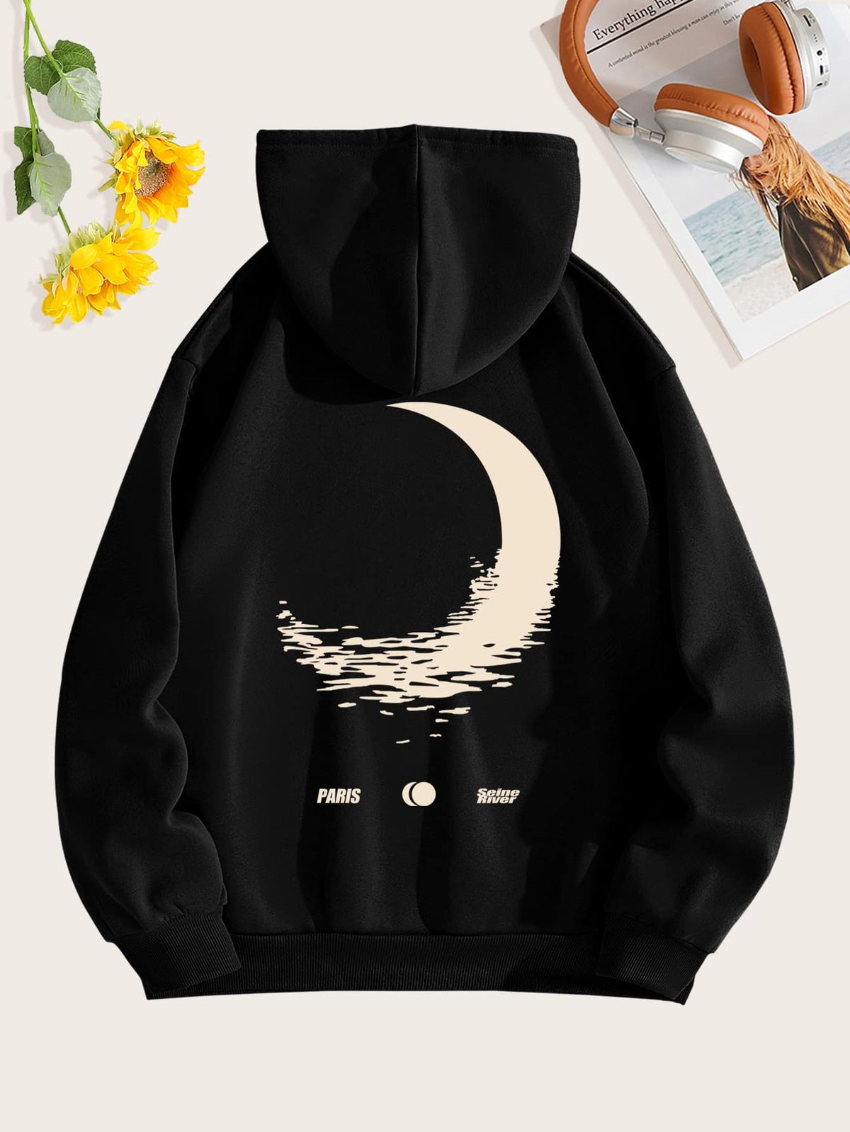 Moon & Letter Graphic Kangaroo Pocket Drawstring Thermal Lined Hoodie