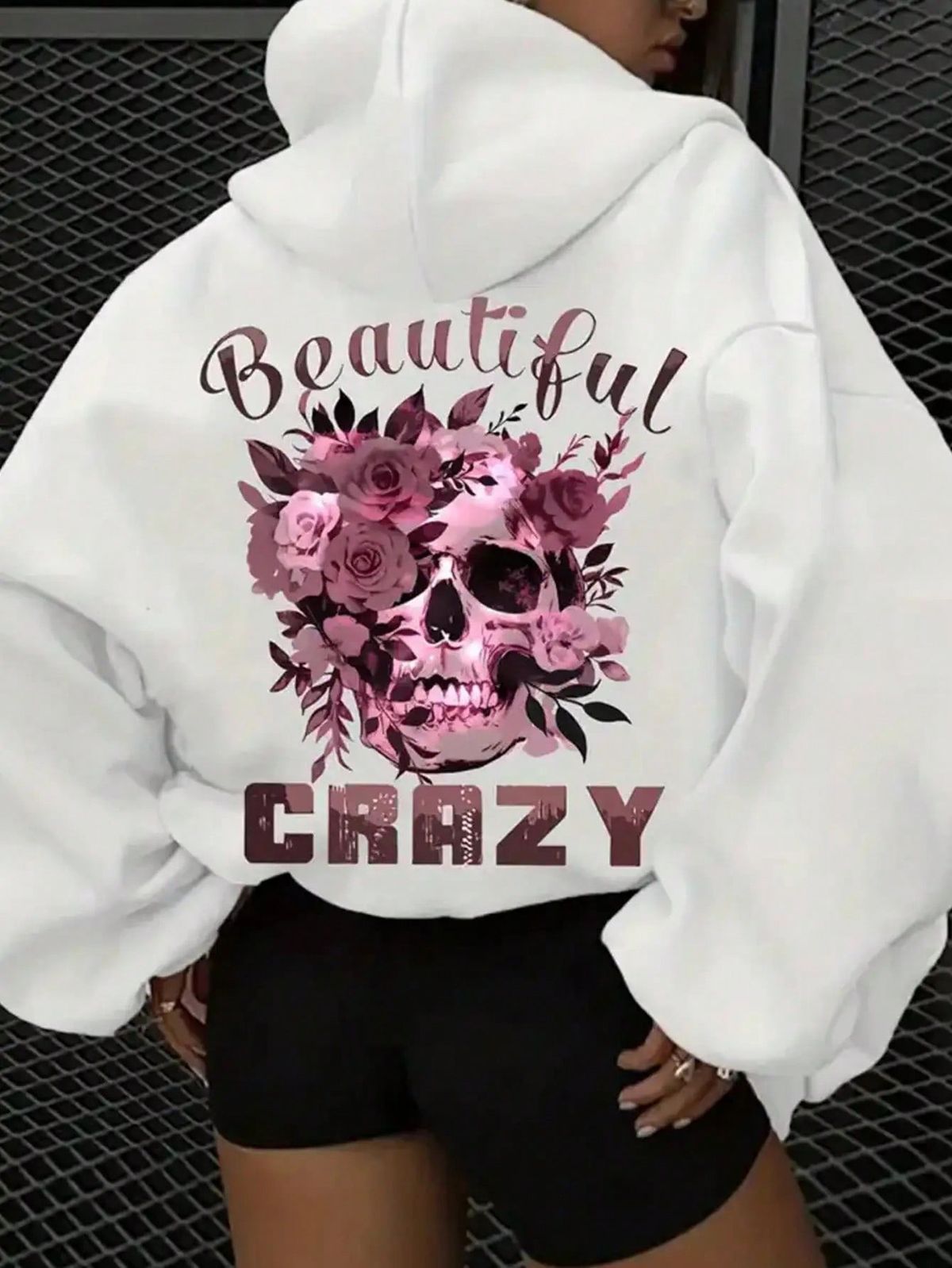 Women's Casual Graphic Hoodie - Beautiful Crazy Skull & Floral Print Design, White Polyester Drawstring Hooded Sweatshirt Fall & Winter, Sweater Hoodie