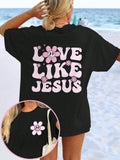 Women Summer Floral & Letter Print Round Neck Dropped Shoulder Casual Loose T-Shirt