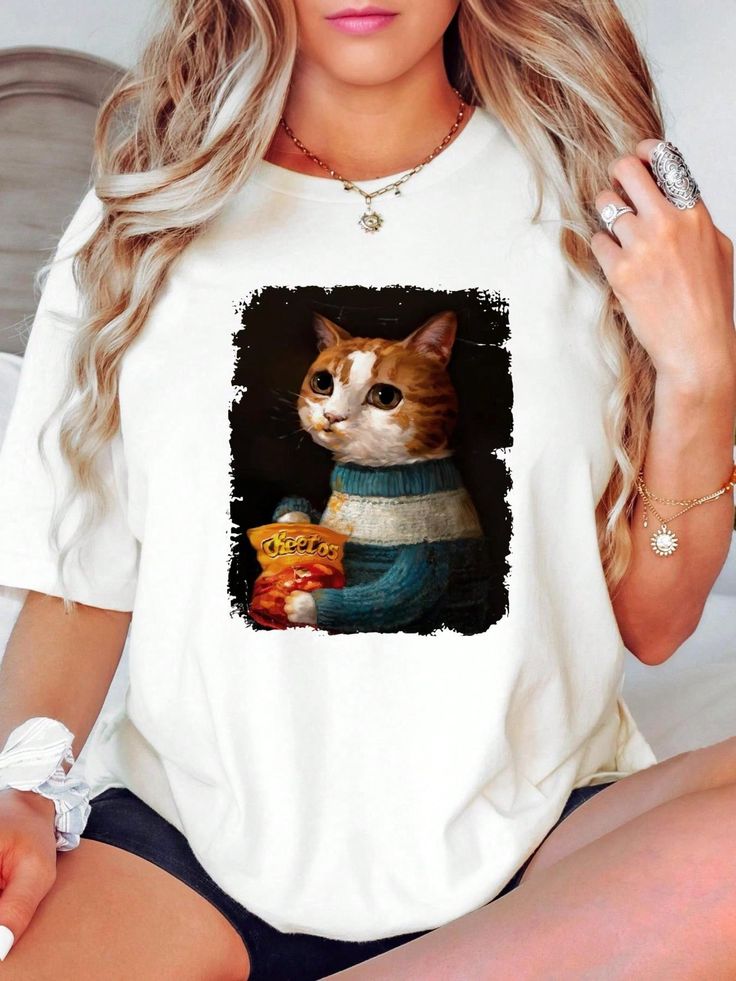 100% Cotton Cheeto Cat Art T-Shirt, Versatile Homme Breathable Summer For Women Graphic Streetwear Slightly Casual Stretched Fashion  Soft Stylish Designer Clothes Print Round Neck Short Sleeve Top For Everyday Wear Comfortable