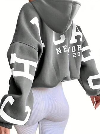 Chicago Women's Long Sleeve Letter Pattern Detail Minimalist Casual Hoodie Chicago