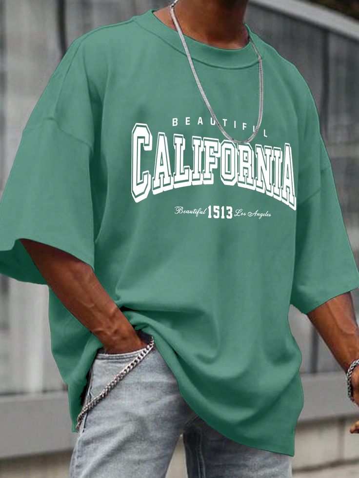 Men's Summer Casual Round Neck Oversized T-Shirt With Letter Print And Drop Shoulder Sleeves