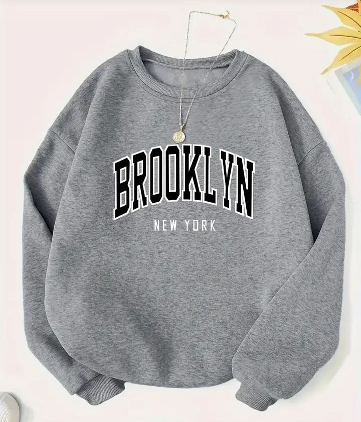 Plus Size Women's Letter BROOKLYN NEW YORK Graphic Thermal Lined Sweatshirt