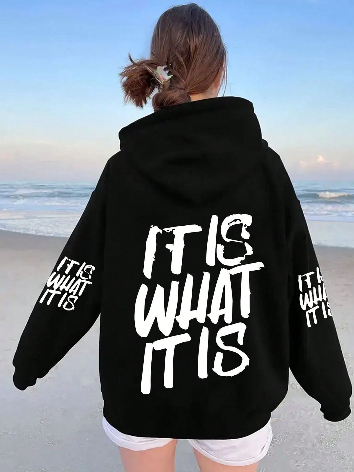 Plus Size Women's IT IS WHAT IT IS Pure White Text Graphic Hoodie | Loose Casual Fall & Winter Sweatshirt |Hoodies Plus Size