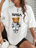 Oversized Astronaut Bear Graphic T-shirt LIGHT COFFEE