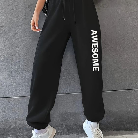 Hoodies Liban｜Women's High-waist Casual Sweatpants With "awesome" Print, Sporty And Stylish, Fall Elastic Waistband Comfort Fit Joggers For Daily Wear And Workout