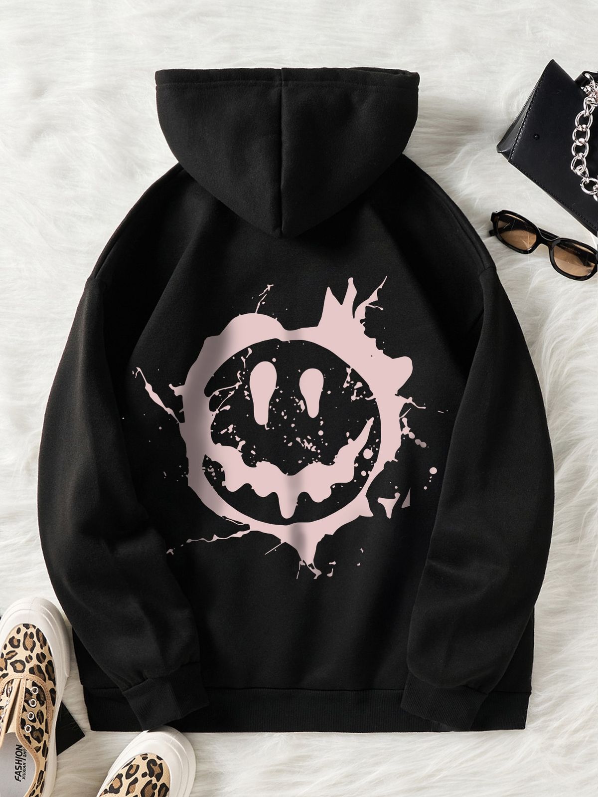 Expression Print Kangaroo Pocket Drawstring Thermal Hoodie