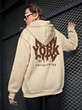 Letter Graphic Kangaroo Pocket Drawstring Oversized Thermal Hoodie