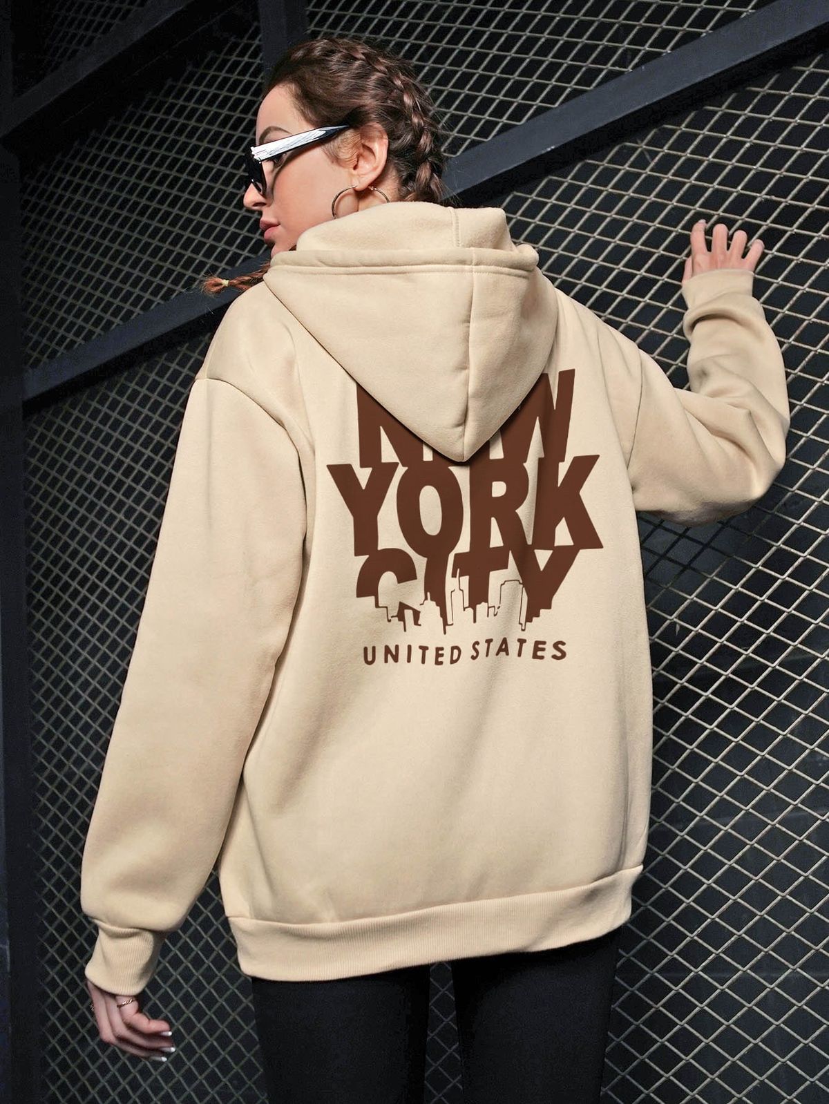 Letter Graphic Kangaroo Pocket Drawstring Oversized Thermal Hoodie