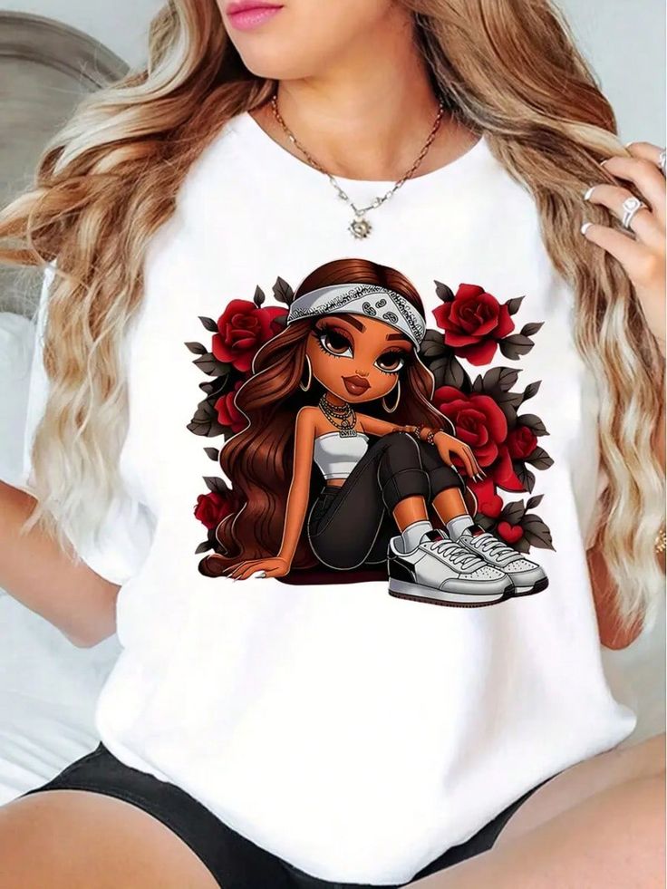 A Women's Black And White Print T-Shirt In A Cartoon