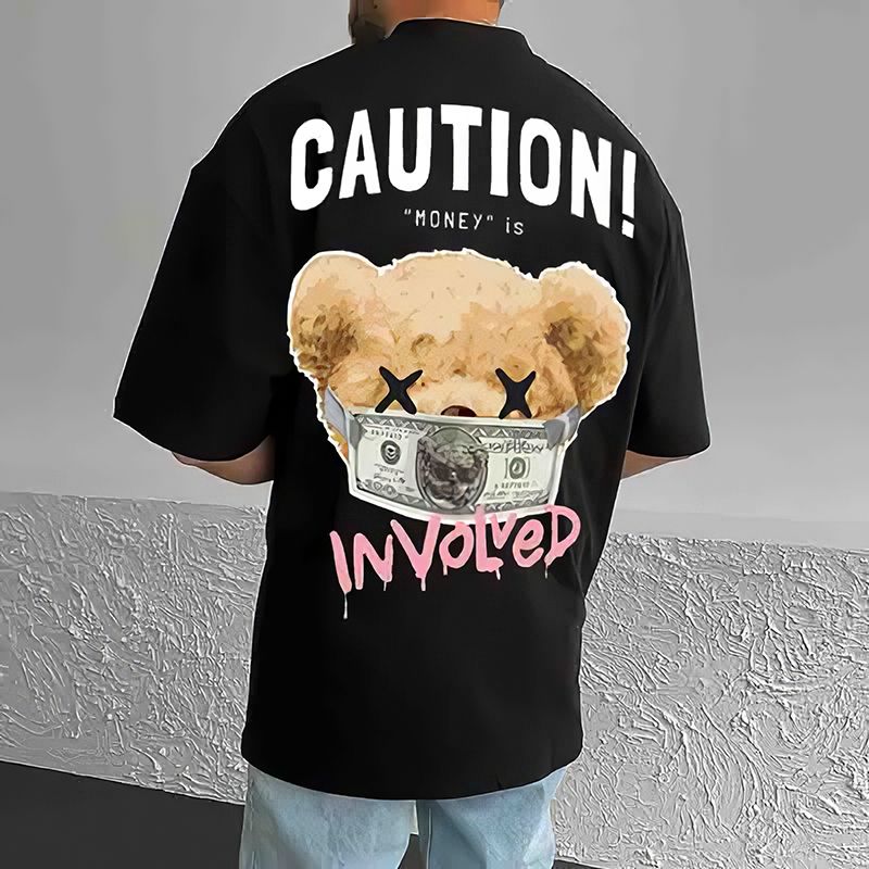 Bear Letter Printed Men's Loose T-shirt black