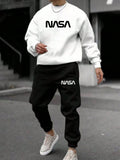 Men's Casual Daily Life Soft And Comfortable Versatile Sweatshirt Suit, Simple Printing Pattern, White Round Neck Pullover Long Sleeve Sweatshirt Narrow Leg Sweatpants Sweatshirt Suit
