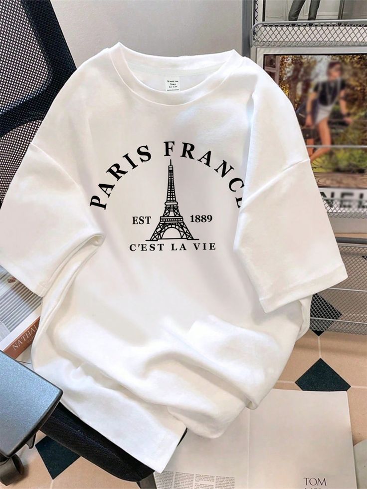 Oversize "PARIS" Eiffel Tower Print White Round Neck Short Sleeve Loose T-Shirt For Women, Suitable For Paris Sports Season