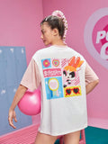 Cartoon & Letter Graphic Drop Shoulder Tee