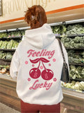 Women's Cherry & Feeling Lucky Print Hoodie, Casual Pocket, Long Sleeve, Drawstring Hoodies,