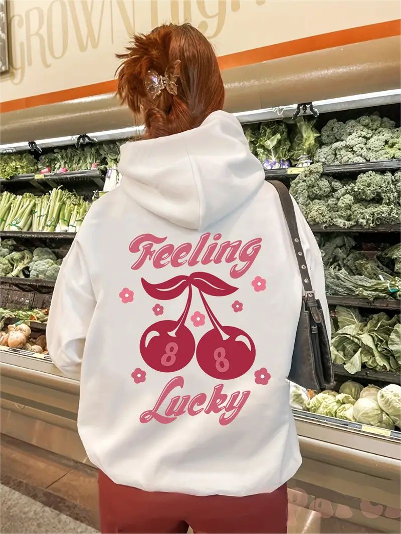 Women's Cherry & Feeling Lucky Print Hoodie, Casual Pocket, Long Sleeve, Drawstring Hoodies,